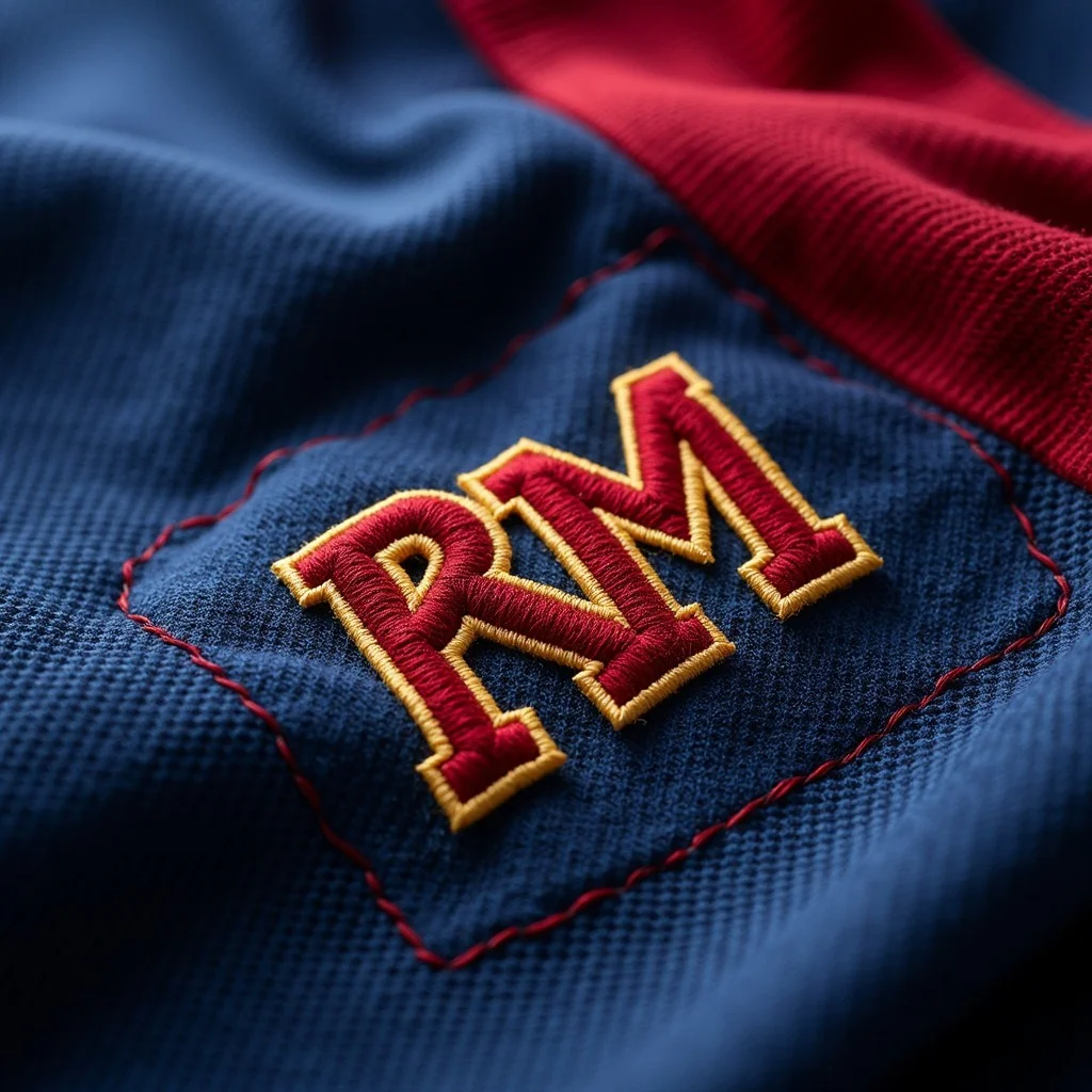 Close-up of an embroidered RM patch on a navy and red garment