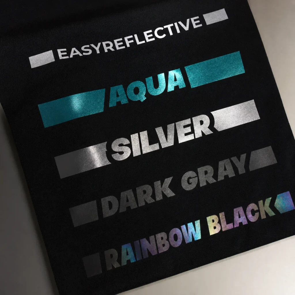 Heat transfer vinyl colours: reflective, aqua, silver, dark grey and rainbow black