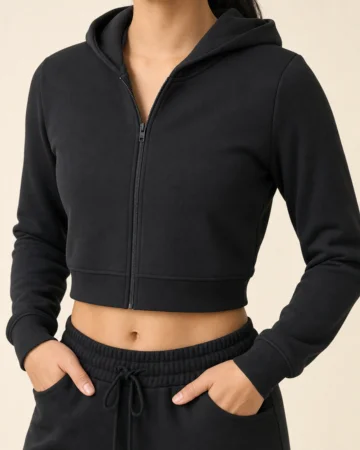 Cropped Hoodie, worn by a model, close-up