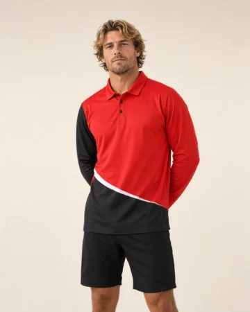 Long Sleeve Polo, worn by a model in motion