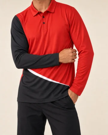 Long Sleeve Polo, worn by a model, close-up