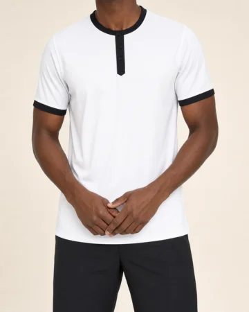 Henley T-Shirt, worn by a model, close-up