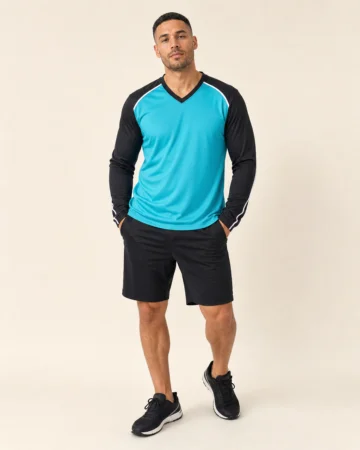 Long Sleeve V-Neck T-Shirt, worn by a model in motion