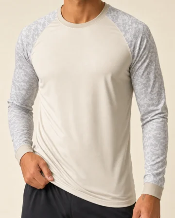 Long Sleeve Performance Tee Raglan Sleeve Sublimated, worn by a model, close-up