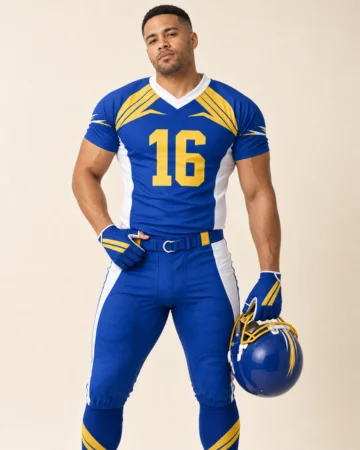 American Football Game Uniform Set, worn by a model in motion