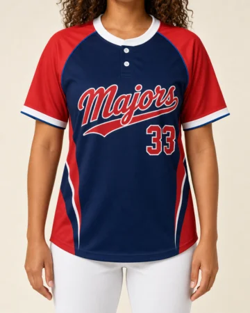Softball Jersey (2-Button Henley), worn by a model, close-up